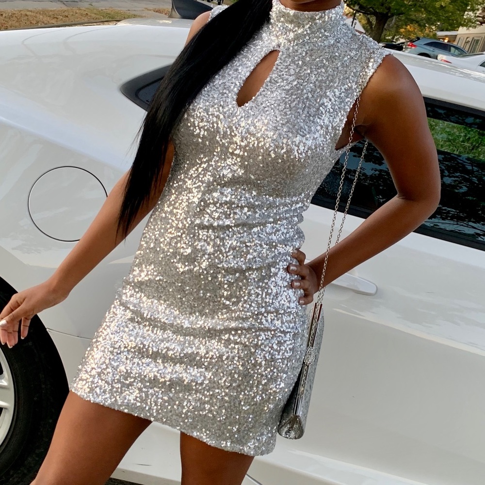 Angel Brinks Silver Sequins Halter Dress